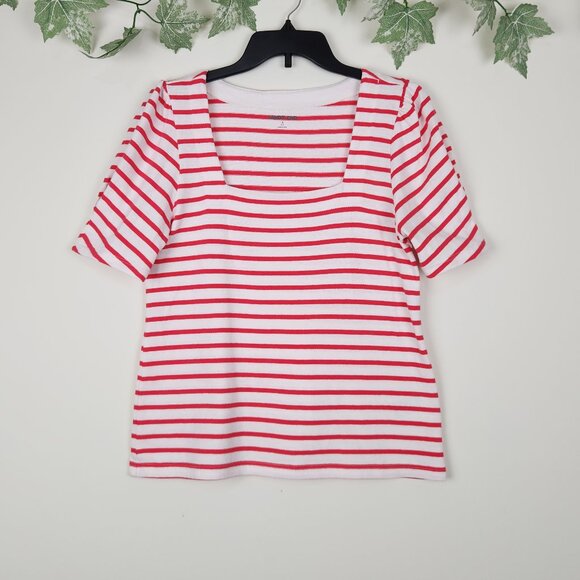 Land's End Size S (4-6) Red White Stripe Square Neck Short Sleeve Knit Top - Picture 1 of 5